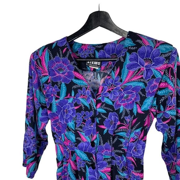 Vintage 90s Jewel Tone Button Up Floral Print Sheath Dress Small - Picture 2 of 12